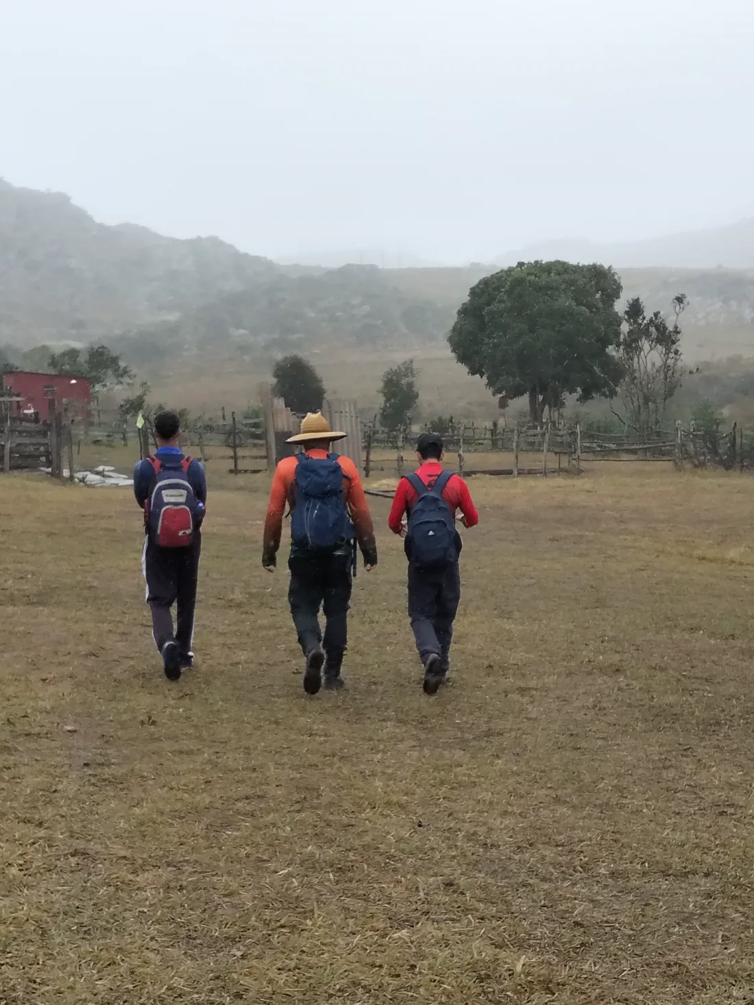 Participantes caminhando em uma travessia